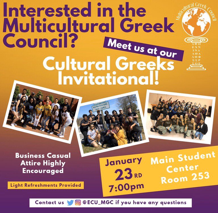 Want to know about the Multicultural Greek Council and it’s organizations? Well come on out to our invitational next Thursday in MSC 253 at 7pm! See you there! 😁