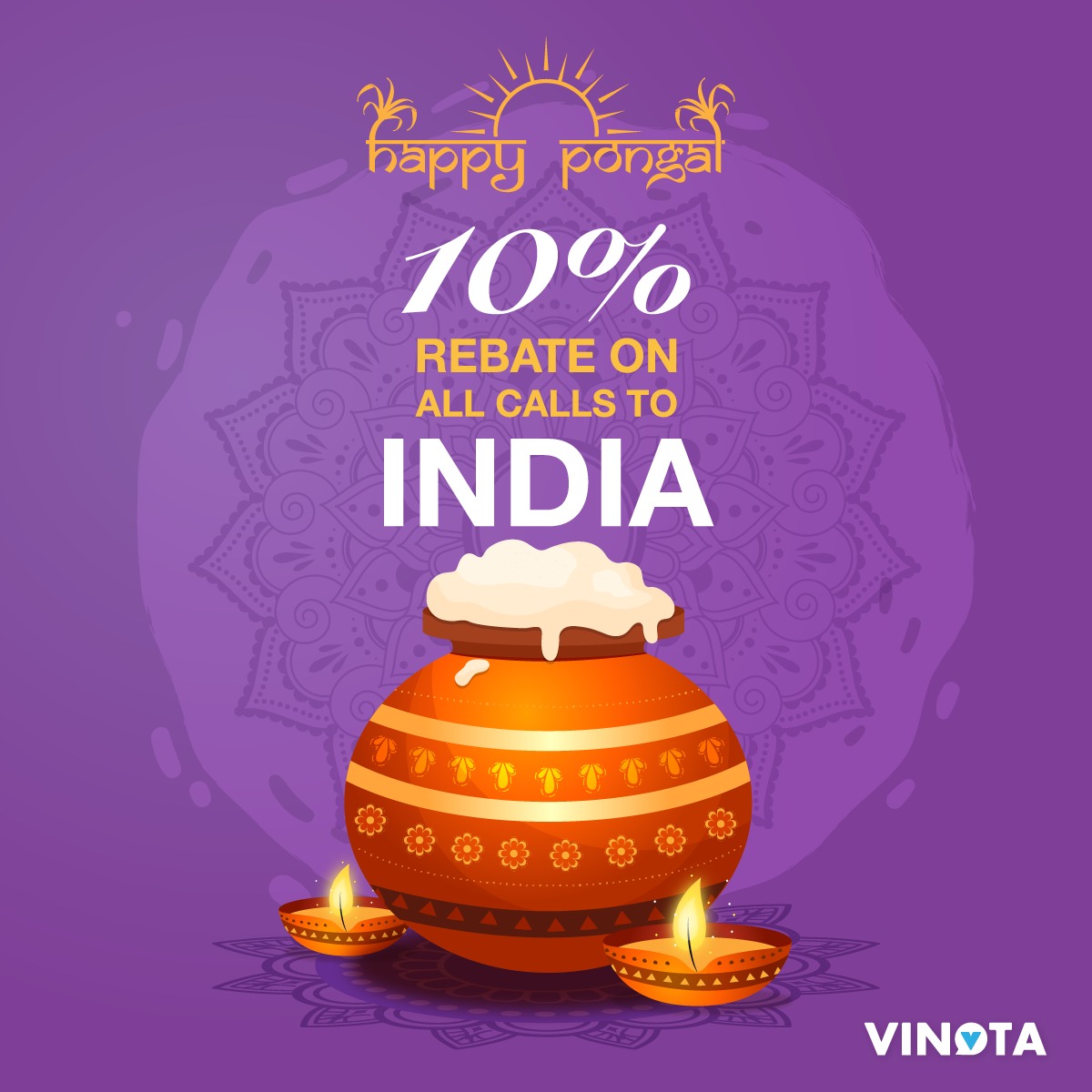 vinotaAPP's tweet photo. Wish your family in India a happy and prosperous Pongal with Vinota and receive a 10% rebate. 10% of the cost of all calls to India today will be added to your Vinota account on 16th January 2020. https://t.co/4S0IYiEeed