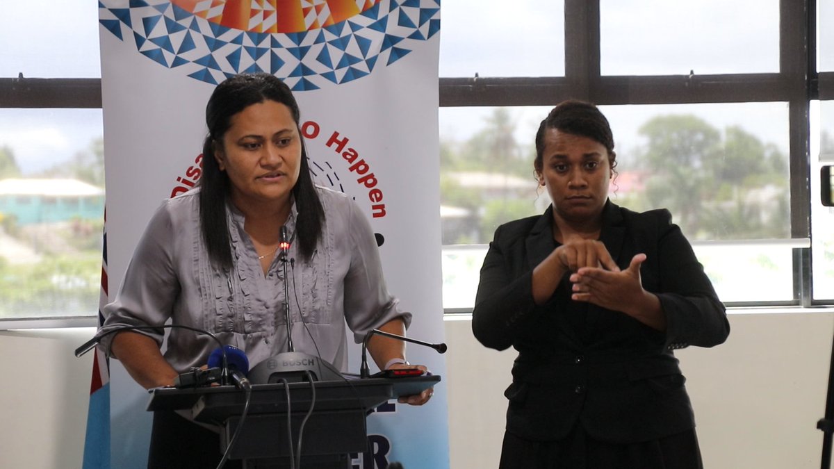 FijiNDRMO's tweet photo. #TD04F first Press Conference today and we are so happy to have the Fiji Disabled Peoples Federation involved in making sure that everyone is informed on preparedness about any Disaster in the country. On the right is Director NDMO, Vasiti Soko and Melita Delaibau (Interpreter). https://t.co/StPYWWzbJl