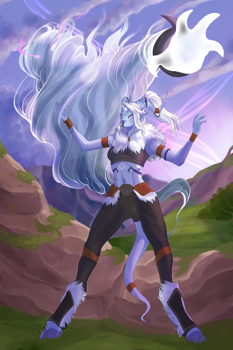 incomingtrouble's tweet photo. A gusty commission completed for @Goonygoon84  for @LittleSithGames  of her character , Xavrinear, and a wind elemental! Was a lot of fun, considering I rarely work with purple so heavily, lol. #Warcraft #draenei https://t.co/woANhlgxjA