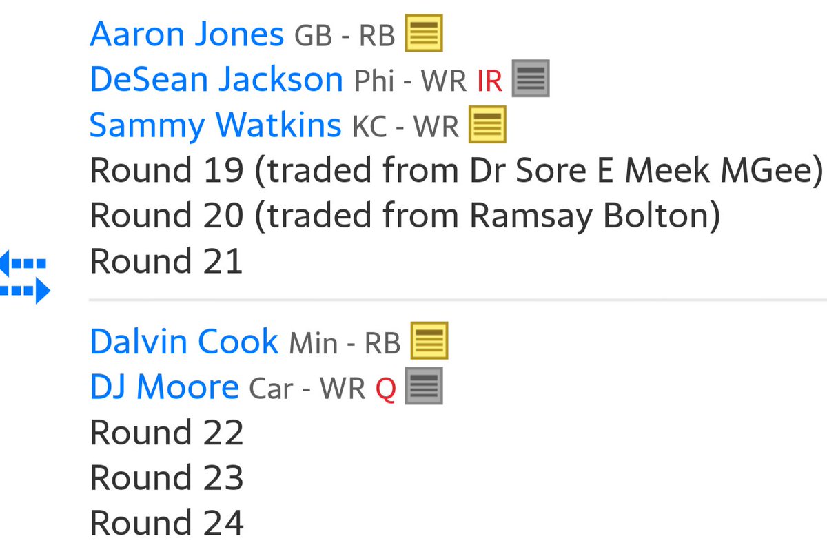 PhillyGav's tweet photo. @RyanMc23 Round 19 is our 2020 1st round. I got Cook/Moore/4th/5th/6th for Jones/DJax/Watkins/1st/2nd/3rd https://t.co/rsW71XVtAk