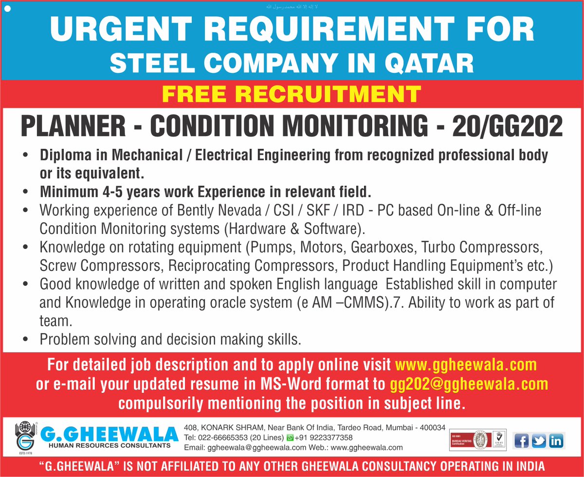 ggheewala1's tweet photo. #planner_condition_monitoring #planner #monitoring #Mechanical #electrical_engineer #CSI #SKF #IRD #product_handling #computer_Knowledge #Operating_Oracle_System #Job #Golfjob #GGHRC #GCC #Qatar #Abroadjob. https://t.co/0GhE7bZgTt