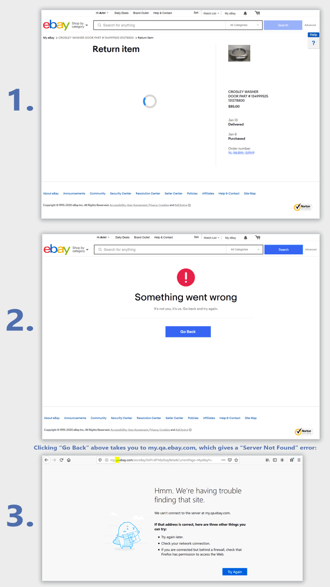 ArinFriedlander's tweet photo. @AskeBay Is "Return Item" down? Consistently getting "Something went wrong. It's not you, it's us," when submitting form. Tried 2 desktop browsers, iOS app, all the same result. (Then "Go Back" points to an inaccessible QA environment.) https://t.co/X5GZ3qswi2
