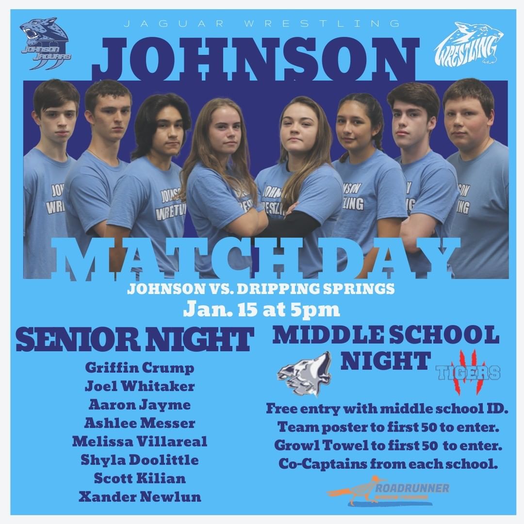 CTJWRESTLING's tweet photo. Calling Tigers &amp; Timberwolves!
Come out &amp; honor our senior wrestlers. Middle school students with ID get in free! First 50 to enter get a team poster and a Growl Towel! Let's get loud &amp; rowdy! @WolfDen101 @TejedatW @jjnation @CTJohnsonHigh @JohnsonJPA #theneisdway https://t.co/4sl2h5z2G7