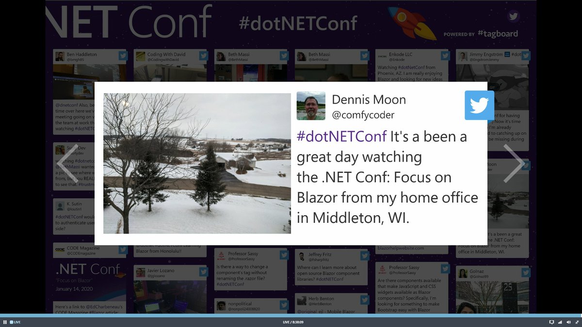 comfycoder's tweet image. Well this was cool. I received a very public shout out from Microsoft in response to the tweet I sent them during one of the online .NET Conf: Focus on Blazor sessions today.