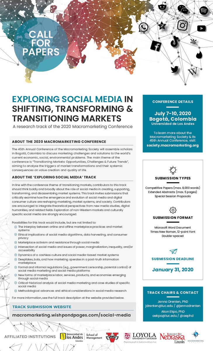 Image shows a poster of the 2020 Macromarketing Conference's "Exploring Social Media" track in Bogota, Colombia. Deadline is January 31, 2020. For a more accessible version of the poster and more information, contact co-chairs: Jenna Drenten (jdrenten@luc.edu) and Akon Ekpo (aekpo@luc.edu).