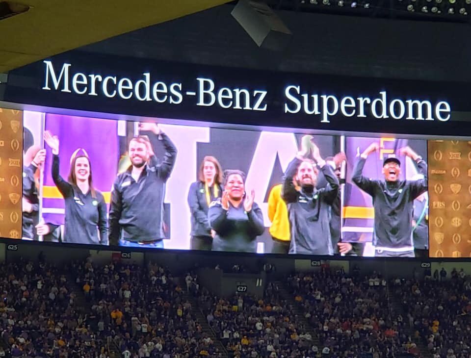 SpencerKiper's tweet photo. Game day awesomeness of epic proportion! @espn Teacher Toss, tailgating, and taking the field at the Superdome. #NTOY19 owes @cfpextrayard all of the gratitude in the world for making this possible and elevating teachers to rock star status! #LASTOY19 #CFBFoundation #CFBPlayoff https://t.co/C4NB28mzSv