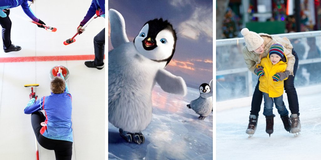 A collage of three images. On the left is a top-down view of a curling match. In the center is an illustration of two penguins dancing from the movie “Happy Feet”. On the right is a photo of an adult on skates holding up a child on skates.