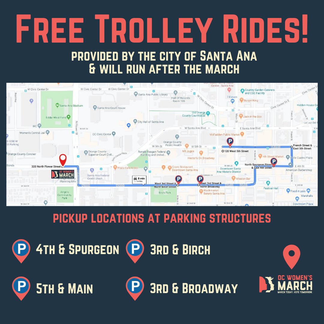 OCWomensMarch's tweet photo. The city of Santa Ana will be providing free trolley rides after the march! 🚎 https://t.co/nQVQLxaGKD