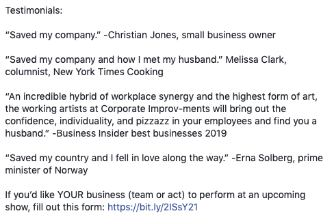0c0k51e's tweet photo. My improv team has a monthly show where we do fake corporate improv and I always make the fb event. I write fake testimonials (which no one reads) but I'm getting bored so this month I made them romantic https://t.co/7yDJbpHvbR