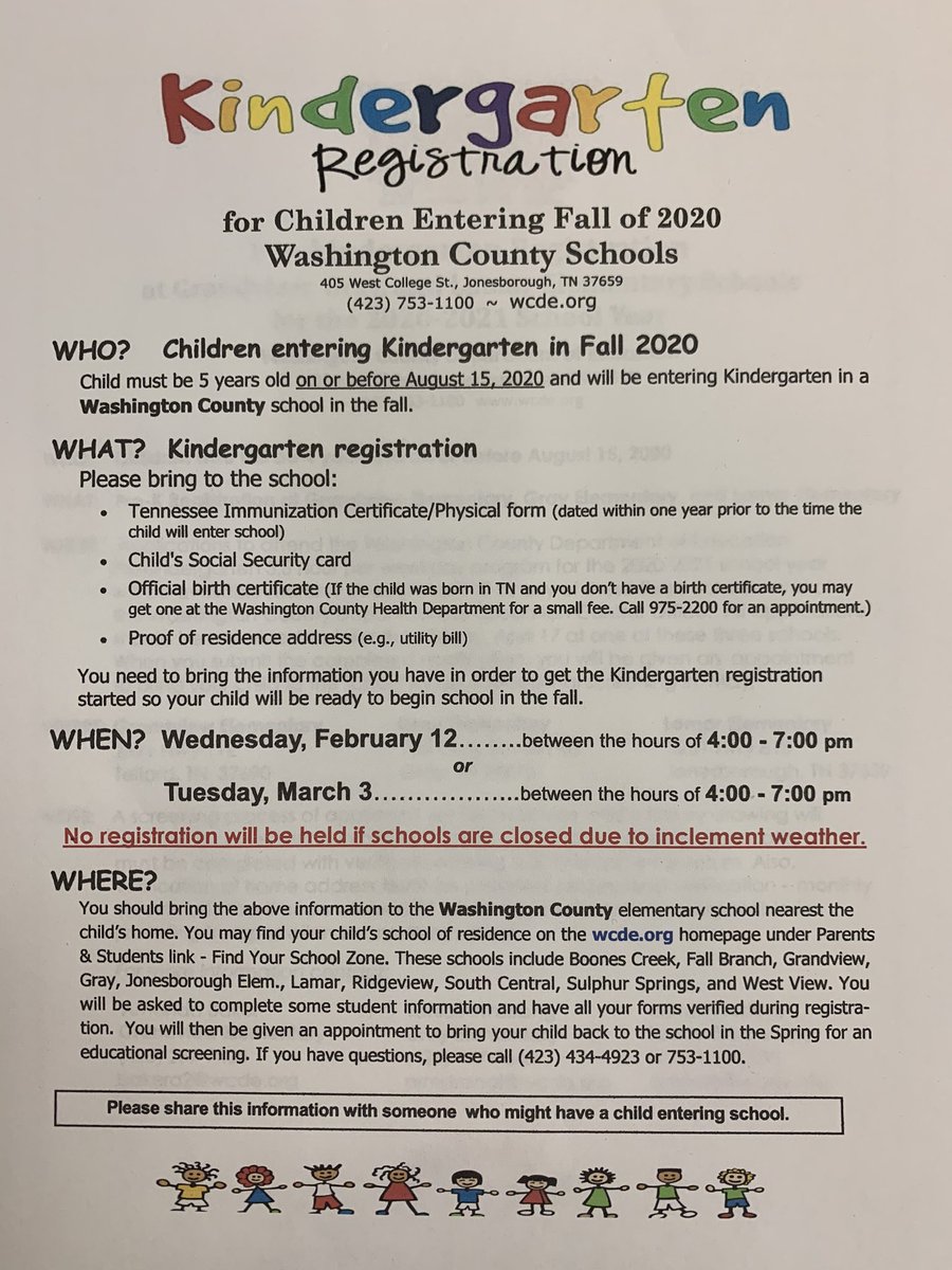 Kindergarten registration information for children entering in the Fall of 2020. <a href="/WCDE_TN/">WashingtonCoSch TN</a>