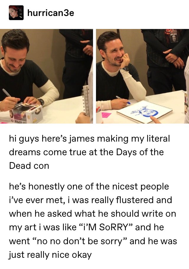 Someone who met James Ransone at a comic con posted this on tumblr and just look at how happy he is!! He’s “one of the nicest people” and was really impressed with this fan’s artwork, so much so that he was apparently a little worried about writing on it!