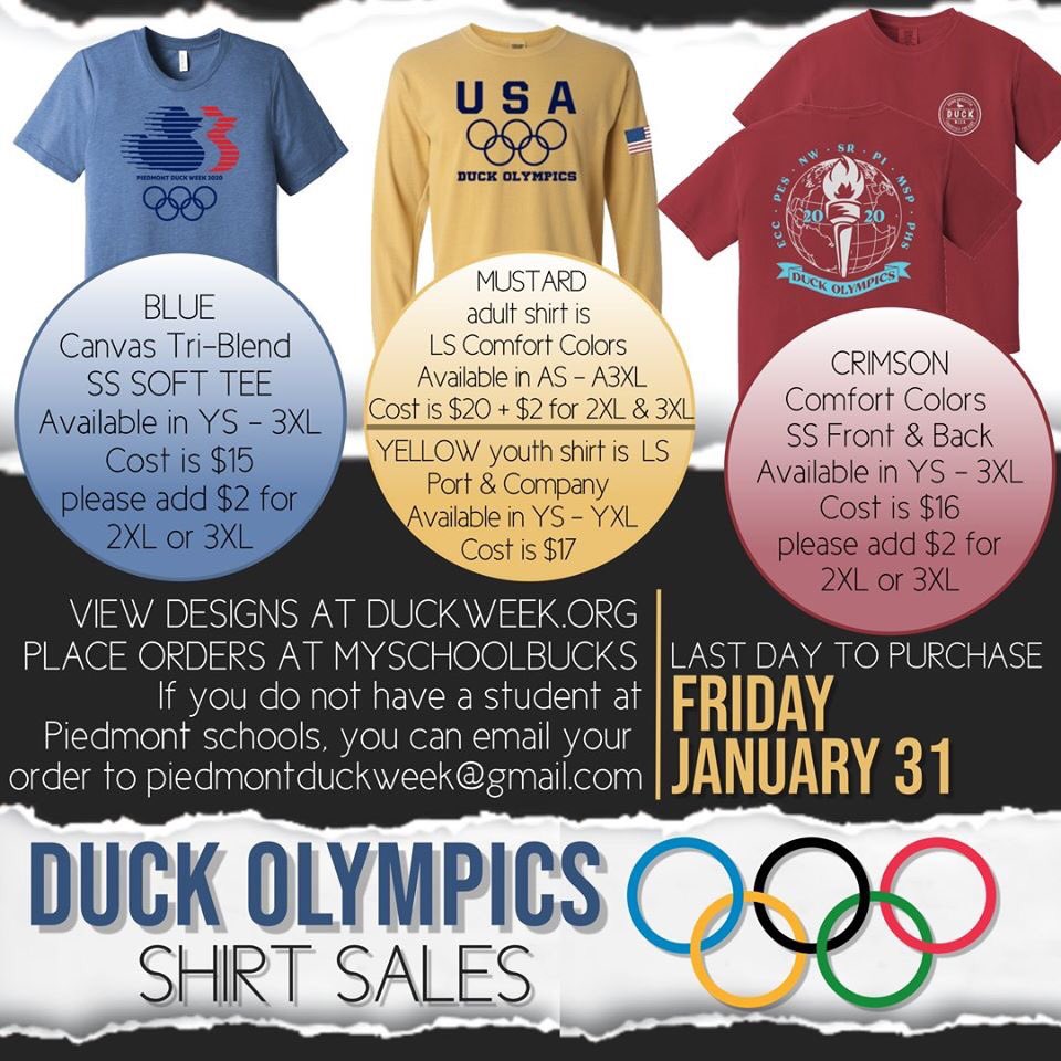 DUCKWeek2021's tweet photo. Shirts are now officially on sale! They are pre-sale only &amp; are on sale until Friday, Jan. 31st. To purchase, go to https://t.co/Mweufp5hJY
If you don’t have a student in the school district but would like to order a shirt, email your order to piedmontduckweek@gmail.com https://t.co/syVLItXYJ1