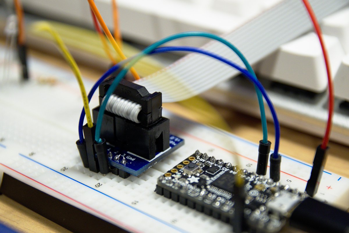 A blue PCB, now with a connector on top, with a gray ribbon cable attached to it, connected via a breadboard to a microcontroller
