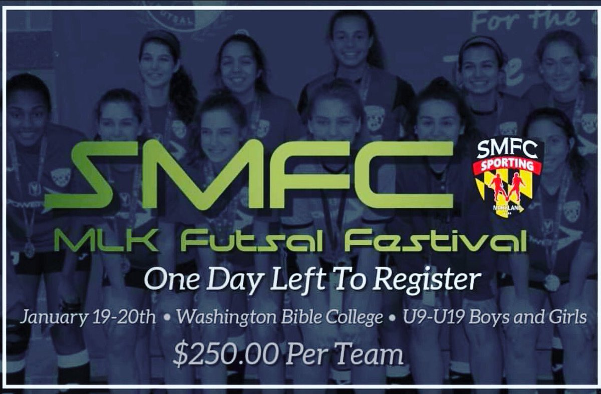 SportingMD's tweet image. One more day to Register for the SMFC MLK Futsal Festival this Sunday at Washington Bible College. To Register online visit sportingmaryland.org/tournaments