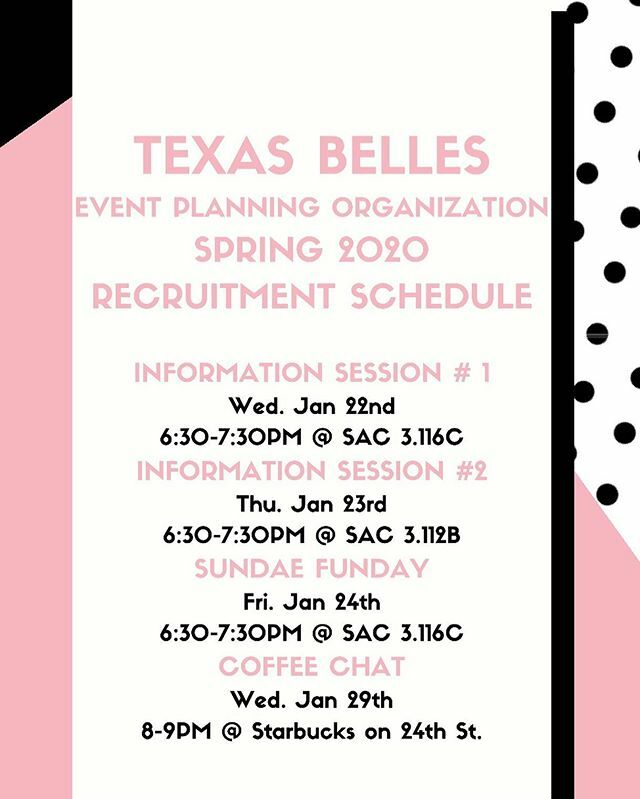 TexasBelles's tweet photo. Here is a list of our upcoming recruitment events for this semester with *UPDATED* location details — go ahead and mark them in your calendar! They will kick off on Wednesday, Jan. 22 with our first info session. We are so excited to see our lovely Belle… https://t.co/qmIOIPGn1e https://t.co/d6EDbOf3Y4