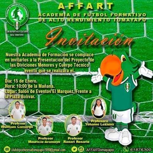 AFFARRTomayapo's tweet photo. #AFFARTomayapo Te invita para que hagas parte de este evento.🎉🎊🎈⚽️🏆👏
-
¡Te Estaremos Esperando!
-
#YoSoyRealTomayapo
#QuieresSerElMejor
#MetodoIntermitenteIntegral
#BoliviaRealTomayapo https://t.co/7cA8w1TFzQ
