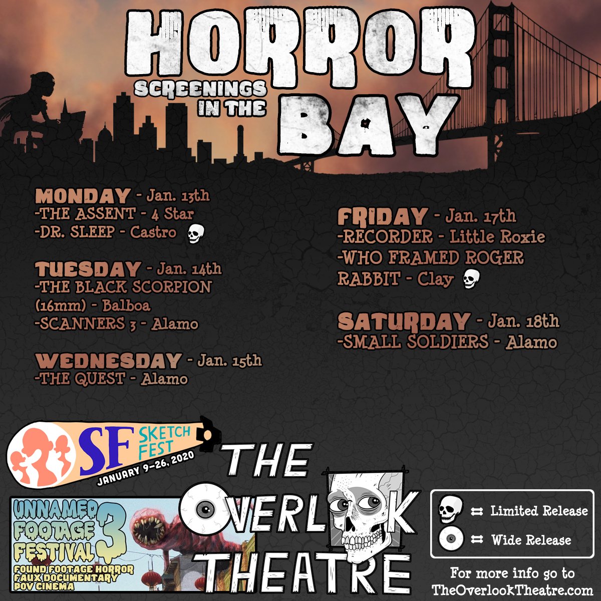 overlooktheatre's tweet photo. This is one of the only weeks this month without a new release, but it does have a 16 #MilliMurder screening of #TheBlackScorpion, a #TerrorTuesday screening of #Scanners3, #Recorder opening at the #RoxieTheatre and some #SmallSoldiers on the big screen at the #DrafthouseSF ☠️🍿 https://t.co/V3V28IcDmn