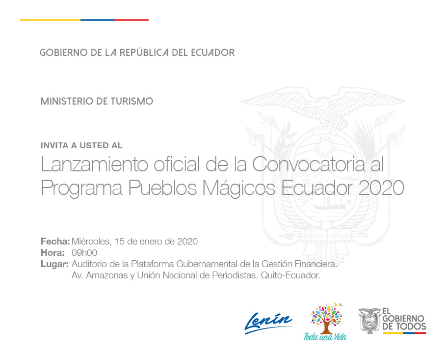 MunicipiosE's tweet photo. #EcuadorEsTurismo
#PueblosMágicosEc 
Lanzamiento oficial de la Convocatoria al Programa Pueblos Mágicos Ecuador 2020 🇪🇨🎉🎊
15/01 📅
09:00 🕘
Auditorio Plataforma Gubernamental de la Gestión Financiera 🏢 @TurismoEc @AMEcuador @BDEcuadorBP @TurismoComuniEc @turistiqueros https://t.co/5Qr2B3iAy4