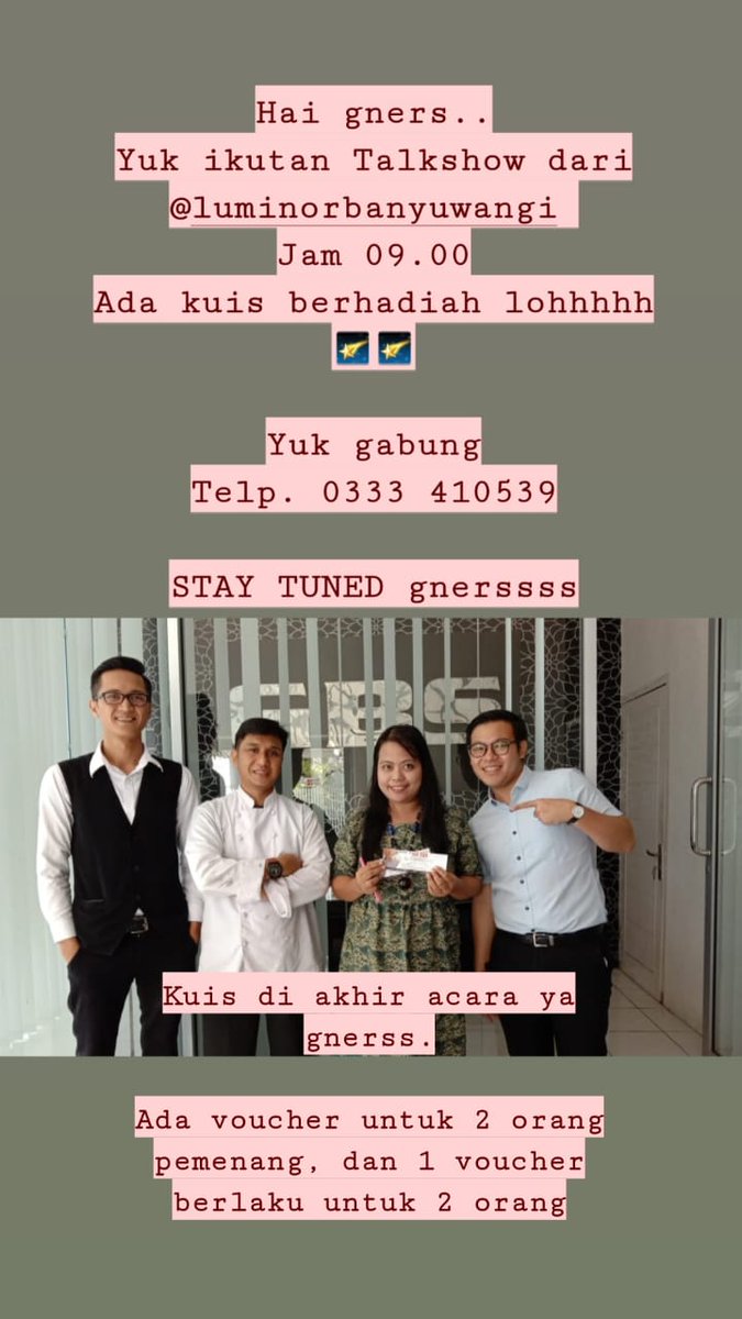 STAY TUNED
Jam 09.00
Di 103.1 gbs fm