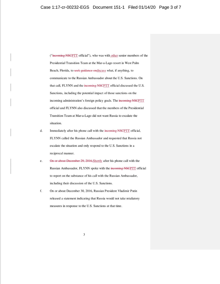 Interesting Exhibit 1 is the “draft” of the Statement of Fact(s) that accompanied Flynn’s Plea Agreement - it’s 7 pages longI -think- I know what Flynn is going to do here besides toss a hand grenade into the proverbial room https://drive.google.com/file/d/1JiFbJlN_yKsjzz5x4qSPpf_nIRtu5vfH/view?usp=drivesdk