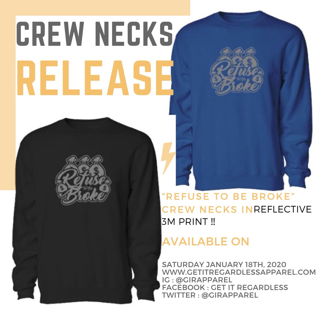 girapparel's tweet photo. Our “Refuse To Be Broke” Crew Necks Are Dropping Saturday ‼️ Stay Tuned In 🥶 And Turn POST NOTIFICATIONS ON 🎊 Follow Us On IG : @girapparel
#refusetobebroke #rtbb #getitregardless #gir https://t.co/7ScNxbGiH9