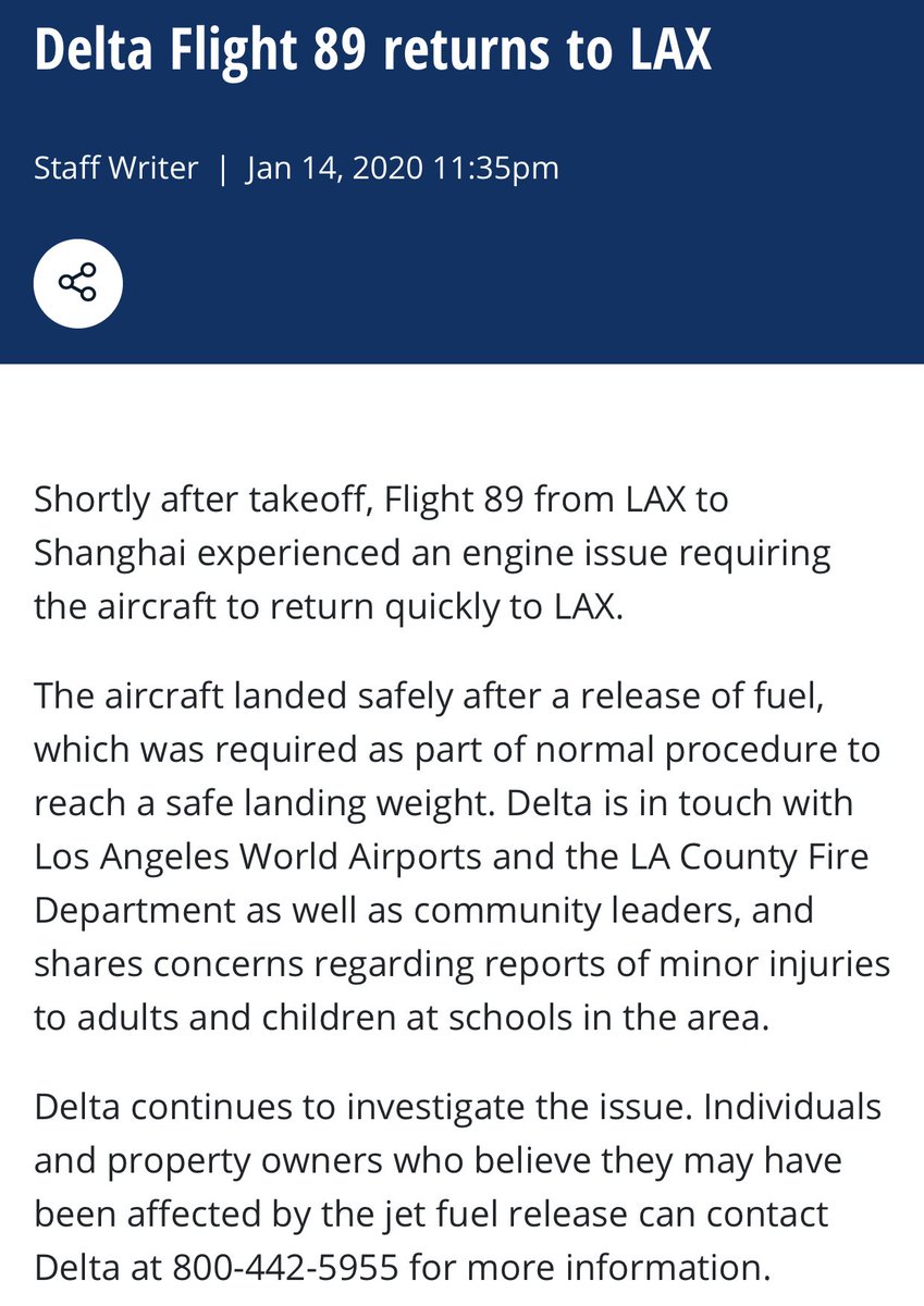 TomPodolec's tweet photo. Update Delta has released a statement regarding #DL89 to Shanghai that returned to Los Angeles with an engine issue earlier today.
Delta: โThe aircraft landed safely after a release of fuel, which was required as part of normal procedure to reach a safe landing weight.โ https://t.co/dsyfY7Nk5C