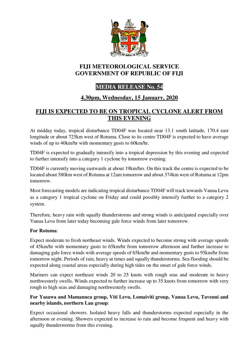FJMETservice's tweet photo. Latest media release on Tropical Disturbance TD04F issued this afternoon. https://t.co/KotQVEFc64