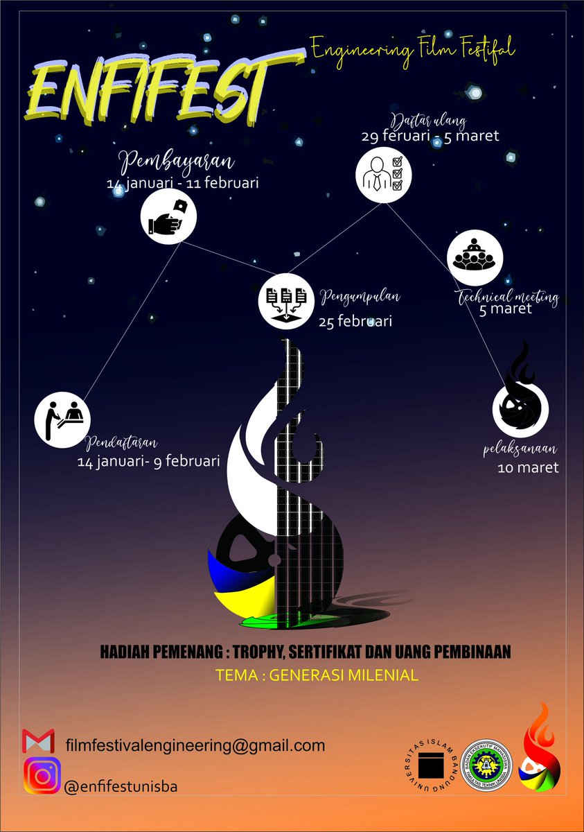 Yuk guys daftarin film karya kamu di engineering film festival 2020, hadiahnya menarik loh yuk tunggu apalagi biaya pendaftaran 50k untuk setiap karya yang didaftarkan yuk tunggu apa lagi.

Pendaftaran 14 - 9 Februari
Ketentuan dan formulir 
bit.ly/KetentuandanFo…