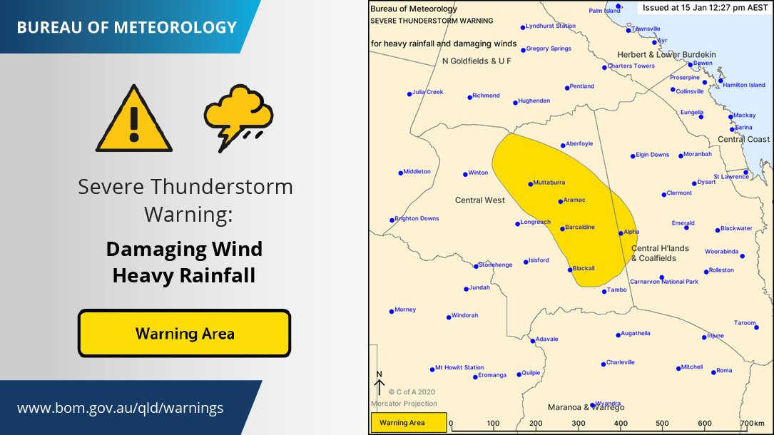 BOM_Qld's tweet photo. ⚠️ Warning issued for severe thunderstorms likely to produce heavy rainfall and damaging winds in the Central West. Locations which may be affected include #Barcaldine, #Jericho, #Aramac, #Muttaburra and #Alpha. #QldStorm warning details: https://t.co/FBmpsInT9o https://t.co/t9Egw6rfB7