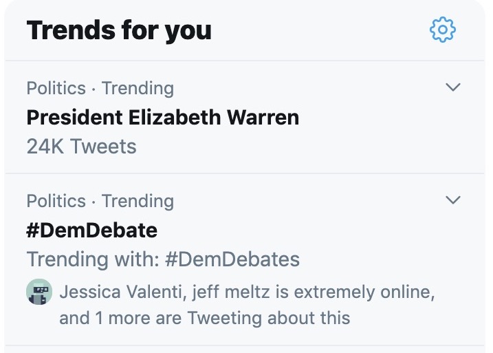 brosandprose's tweet photo. My goodness, President Elizabeth Warren has a nice ring to it. #DemDebate https://t.co/tAh34myt9S
