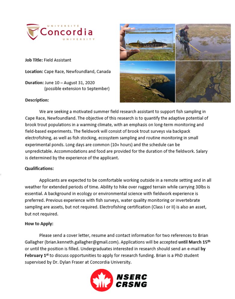 thefraserlab's tweet photo. 2/4 Field Assistant position: long-term population monitoring and field based experiments of #BrookTrout at #CapeRace, #Newfoundland
#ecoevolutionary dynamics
#climatechange
#adaptivepotential
#intraspecific variation https://t.co/nB3RU38Szd