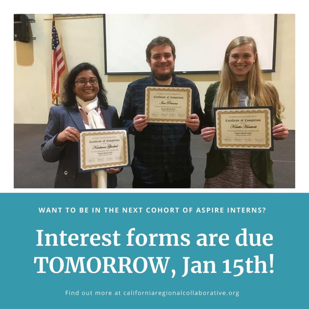 ASPIRE_CalRC's tweet image. January 15th is the last day to sign up for our Aspire Internship programs!! Fill out the form tomorrow! conta.cc/36AOAKb
.
.
.
Learn more at californiaregionalcollaborative.org