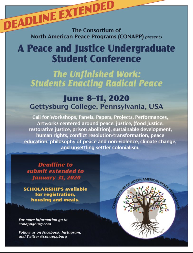 conappgburg's tweet photo. Our #deadline has been extended to January 31st! For more information check out our website: https://t.co/mH1ZMIOuUS… #peace #peaceandjustice #undergraduateconference #peaceconference #CallforPapers #conapp2020 https://t.co/L4Y5PvPHpE
