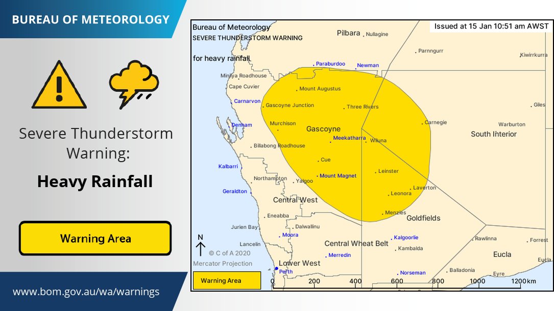 BOM_WA's tweet photo. Heavy rainfall is possible with thunderstorms forming in central #WA this afternoon. A Severe Thunderstorm Warning has been issued and includes #Meekatharra and #MountMagnet. Keep up to date at https://t.co/mYuoIW79qG. @dfes_wa https://t.co/PG73FE3Rye