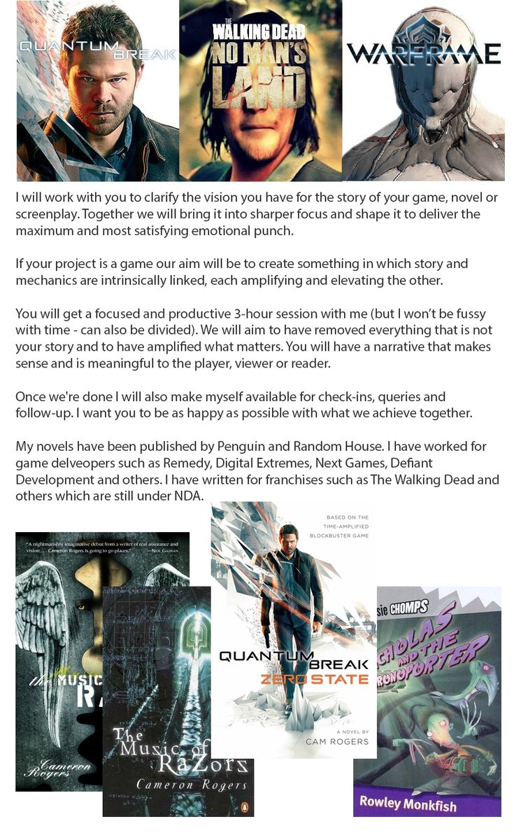 Cam_Rogers's tweet image. I will help you realize your story (game, novel, short story or screenplay.) 

Shameless namedrop for a good cause: &quot;(Cam Rogers is) a  writer of real assurance and vision.&quot; - Neil Gaiman.

Bids start at $AU50.

gamedevsforfireys.com

#GameDevsForFireys #GameDevsForFiries