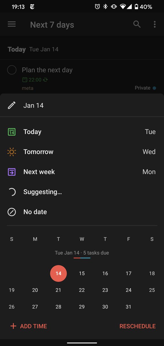 thomandretti's tweet photo. @todoist @blabarth I'm having what I think is the same issue on Android and macos. Don't know about rescheduling overdue, but when rescheduling tasks it just hangs on suggesting https://t.co/N3ZkC6xJ1X