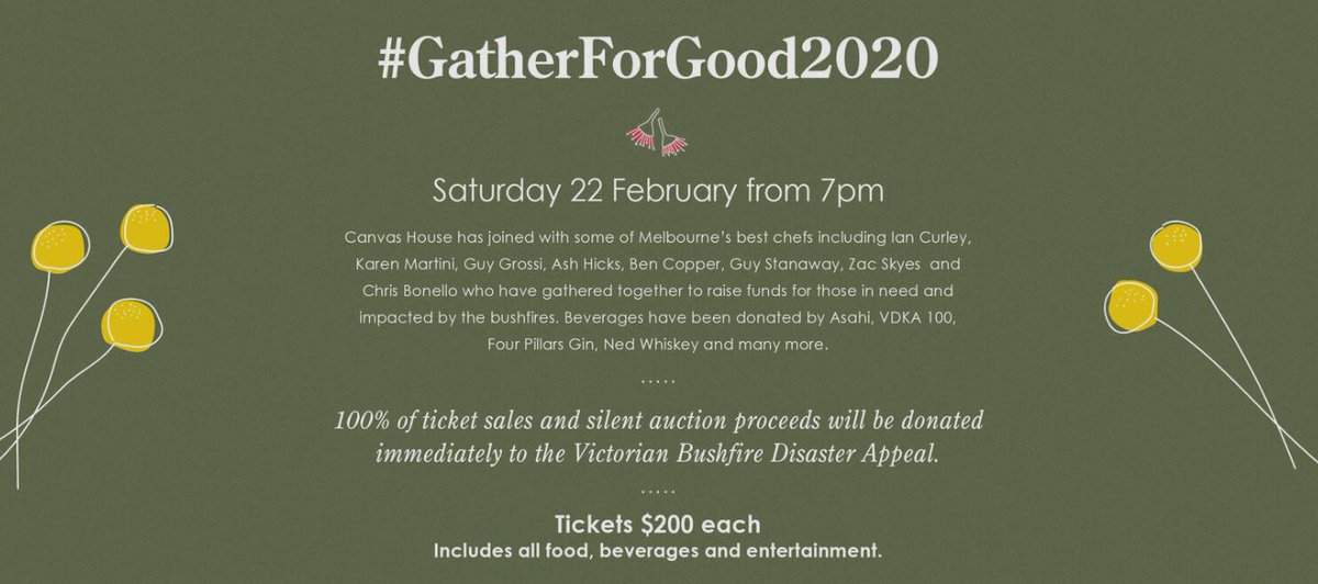 @Marketplacer_ is getting behind the bushfire fundraising event, Gather for Good on 22 Feb. Event features fantastic chefs including Ian Curley, Guy Grossi, Karen Martini plus auctions and entertainment. Proceeds to Vic Bushfire Disaster Appeal. Book: https://t.co/77tveTJFV6 https://t.co/kJ7GKVvM5c