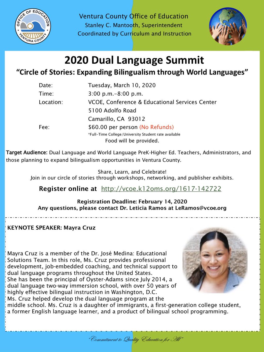 DrLeticiaQRamos's tweet photo. Ventura County Dual Language Summit “Circle of Stories: Expanding Bilingualism thru World Languages”🌎Registration open! @VenturaCOE @VCOECandI @JaneJwagmeister @JeremyResnick @ClaudiaFrandsen @echolreves @annabski @VCOEenriquez @Victoria_Learns @JudyBbjb63 https://t.co/knVnVEETCy