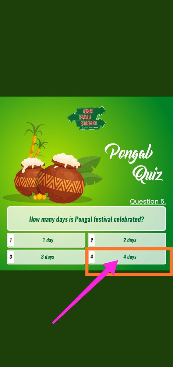 maryamabdkhan's tweet photo. @omrfoodstreet Ans:- 4. 4 days 

#OMRFoodStreetPongalQuizContest #Contest #Contrstalert #OMRFoodStreet. 
 Tag @omrfoodstreet

Join
@3Madhvi 
@misssmita3
@Sandeeppalo_13
@JainShantilal12
@Rekha_i_am
@sunitakatyal 
@Rahulrahs
@aakash_beast786 https://t.co/E1ki9xpmSh