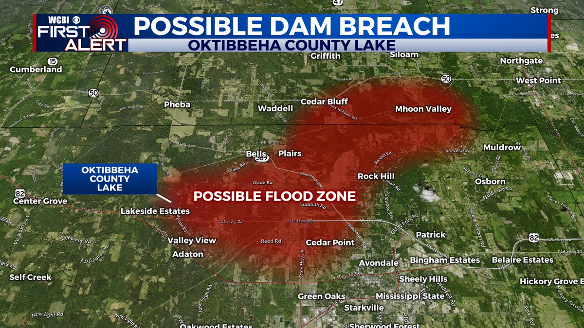 CEDRdigital's tweet photo. Evacuation orders & Flash Flood Warning remains in effect for northern #Oktibbeha County and southern #ClayCounty in #Mississippi. due to #LakeDam structural failure. In danger are:
#CedarBluff #Bells #Plairs #LakesideEstates #ValleyView #Adaton #CedarPoint #RockHill #MhoonValley https://t.co/xJD7lCAkwL