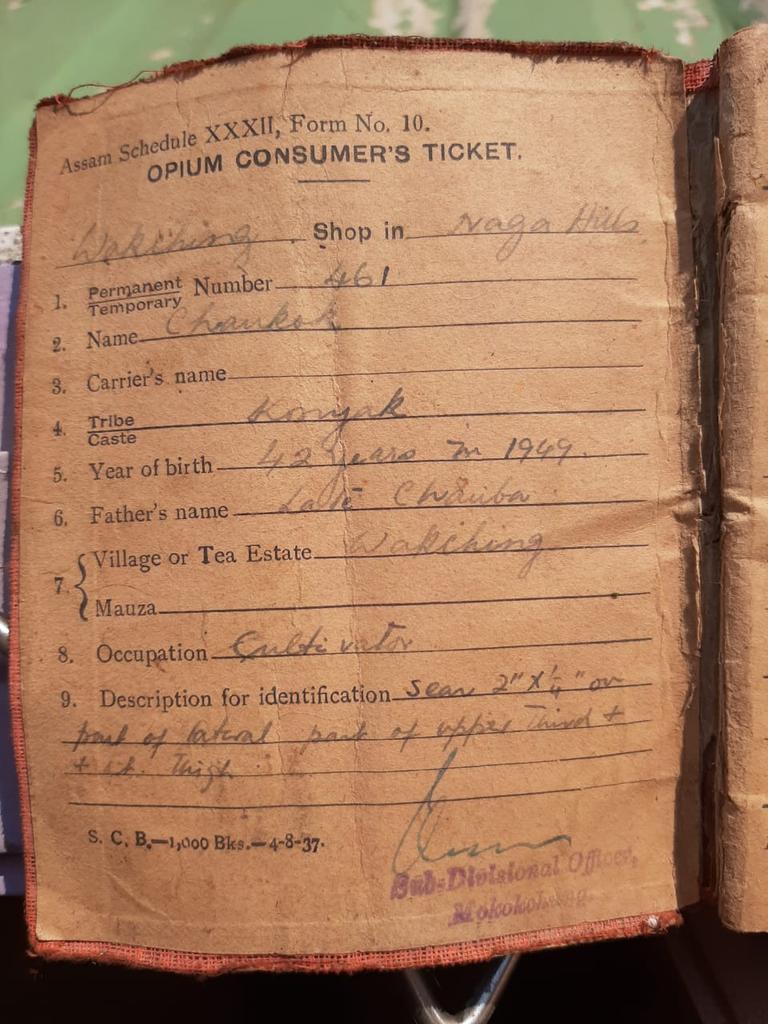 KonyakUnion's tweet photo. Opium had ruined the #konyaks and still continuing on.  Opium consumer's Ticket dated 1949 was discovered from #wakching villlage. May heaven safe us.... we pray. @britishlibrary @britishmuseum @BritishCouncil @Neiphiu_Rio @temjentoy @rupin1992 https://t.co/0l7SvIhLdG