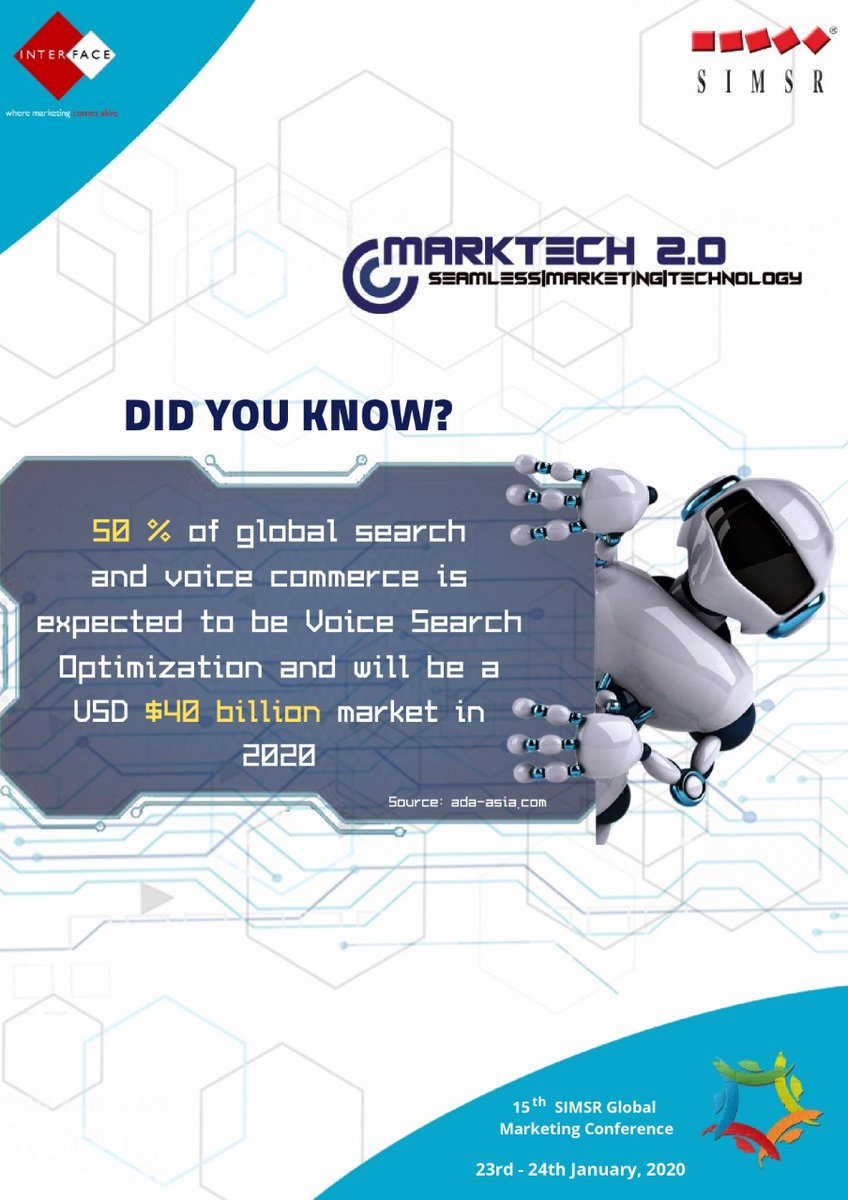 SIMSRGlobalMar1's tweet photo. Explore more about the rise in VSO - one of the top marketing technology trends that you must follow to meet tomorrow's customer demands &amp; master #Marktech 2.0 at 15th SIMSR Global Marketing Conference on 23rd - 24th January, 2020!

#SGMC #SIMSR #Seo #VSO #Martech #voicesearch https://t.co/36EPVM4vIt