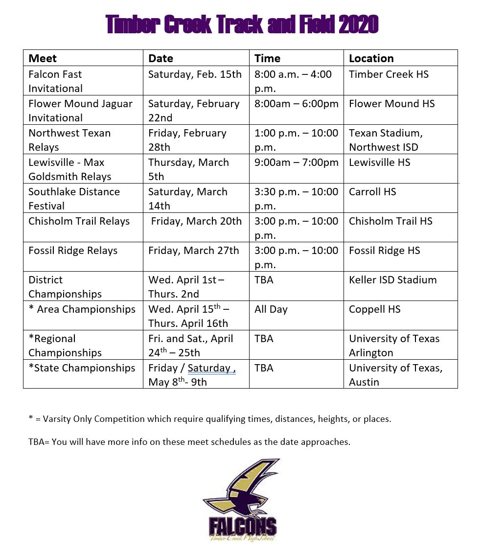 Falcon Family: Falcon Track &amp; Field afterschool practice begins tomorrow!  Below is our Meet Schedule &amp; the TC Track &amp; Field gear &amp; apparel store is also open tmrrw as well.  It will be open only until next Thursday...so place your orders asap! <a href="/TCHS_Booster/">TCHS ABC</a> <a href="/TCHSTandF/">TCHS Track & Field</a> @TCHSTalon