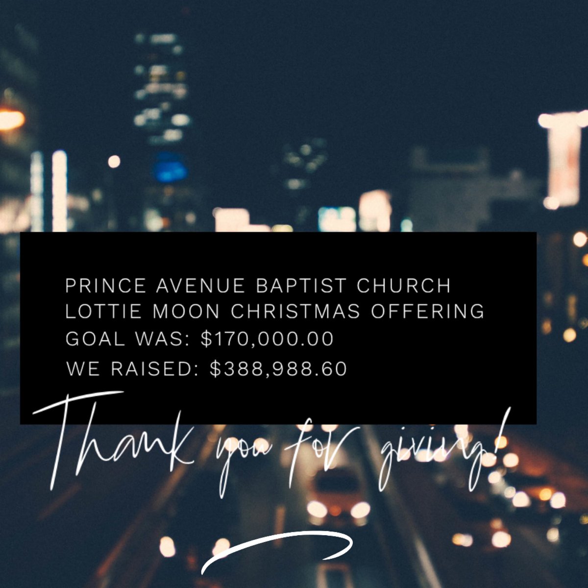 farleyonthego's tweet photo. ✨$388,988.60✨ Thank you Prince Avenue Baptist Church family for giving to Lottie Moon @imbmissions. Your gifts make a difference! @DrPaulChitwood #wecandomoretogether #imbmissions #everychurcheverynation #lottiemoonchristmasoffering https://t.co/ZadS15gvCG