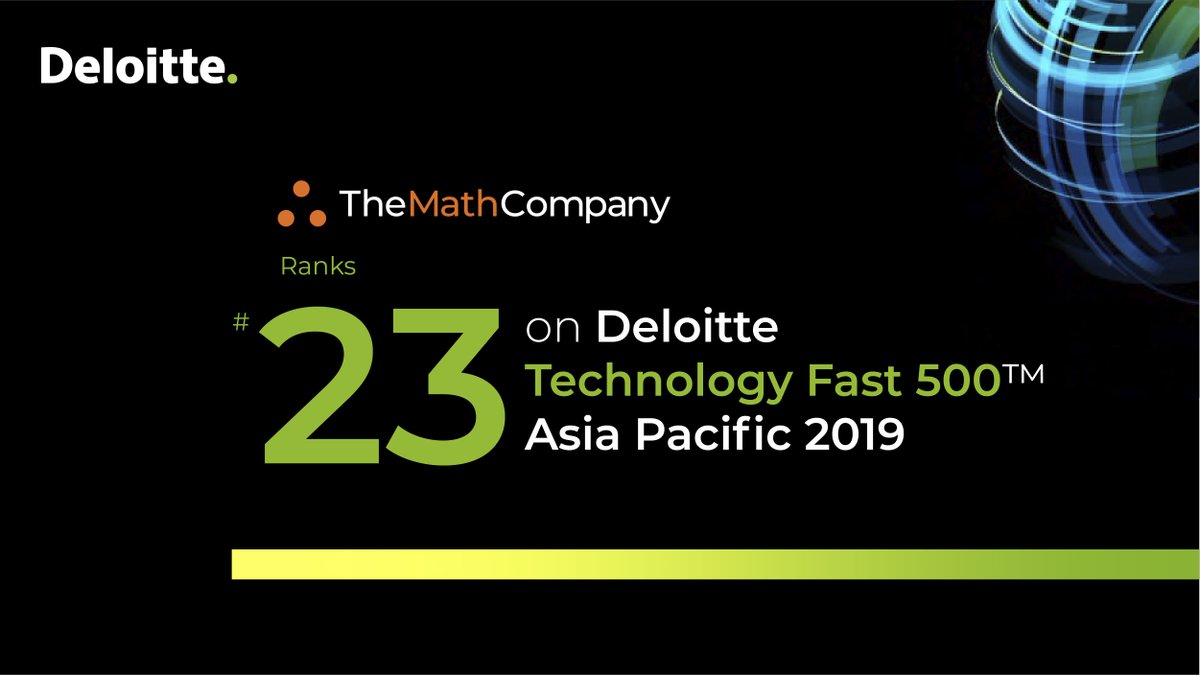 themathcompany's tweet image. We’re thrilled to announce that TheMathCompany got listed #23 in the Deloitte Technology Fast 500™ Asia Pacific rankings!

Check out the report - bit.ly/3a4307X

#Fast500APAC | #TechAwards | #TheMathCompany | #TransformingIntelligence | #BuildingCapabilities