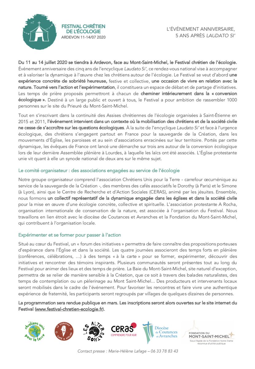 MHLafage's tweet photo. Sauvez la date ! (et la planète)

Le Festival chrétien de l'écologie se tiendra du 11 au 14 juillet à Ardevon, face au Mont Saint-Michel ! https://t.co/ZVf77DAL69