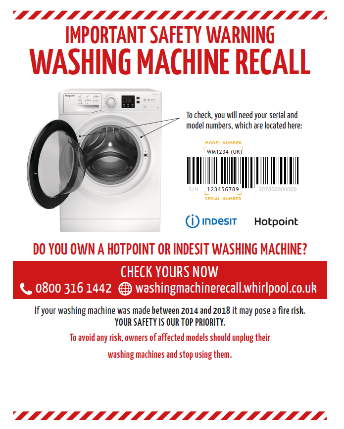 LancashireFRS's tweet photo. Some Hotpoint and Indesit washing machines pose a fire risk and have been recalled. Please check to see if your machine is affected. Phone 0800 316 1442 or visit https://t.co/q87i1KFDyg #WashingMachineRecall https://t.co/UnueL2dFoz