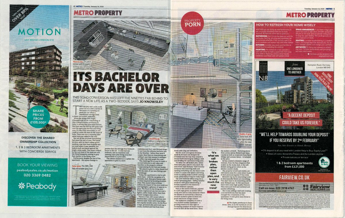 sqonerealestate's tweet photo. We're delighted to see our favourite duplex #Soho penthouse for sale getting the attention it deserves with a double page spread in yesterday's @MetroUK. Designed by @AngelODonnellUK is available chain free with a virtual freehold. 

For more info contact jg@sqonerealestate.com https://t.co/rlMl6z6irC